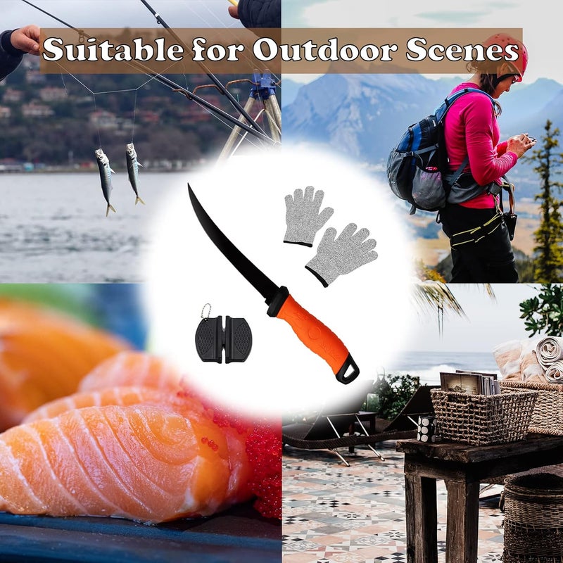 HOWORR Fish Fillet Knife, 7 Inches Professional Fishing Fillet Knife Set Stainless Steel Blade in Corrosion Resistant Coating, with Sharpener and Cutting Resistant Gloves, for Fishing and Outdoor, Orange - Image 3